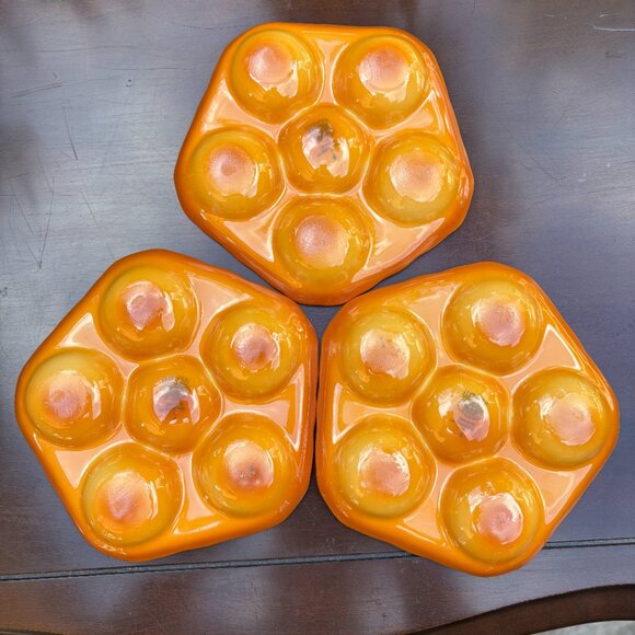 Vintage Set of 3 Escargot Dishes Luzifer Bauscher Weiden Orange White Porcelain - Picture 3 of 10